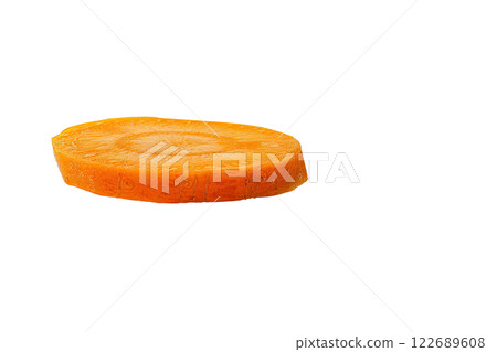 ripe slice of carrot floating, isolated background 122689608