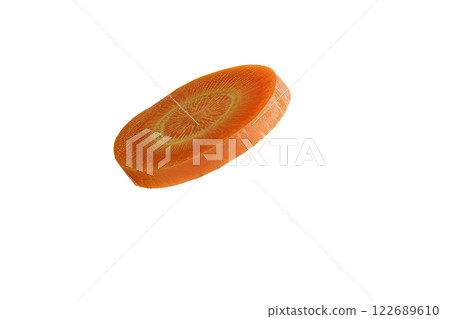 ripe slice of carrot floating, isolated background 122689610