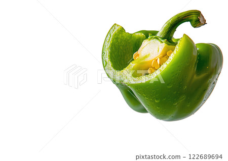ripe slice of green bell pepper floating, isolated background 122689694