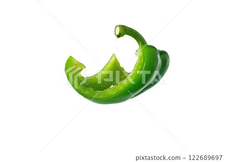 ripe slice of green bell pepper floating, isolated background 122689697