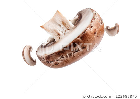 ripe slice of mushroom floating, isolated background 122689879