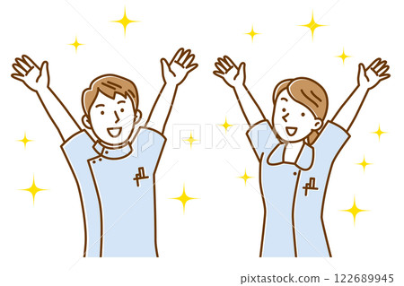 一位年輕男女護士高興地舉手的插圖 122689945