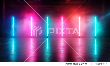 "A stage lit up with colorful lights." 122689983