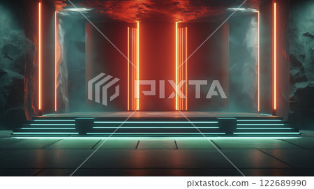 "A basement room lit by futuristic neon lights" 122689990