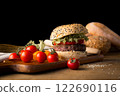 Hamburger homemade on wood table. 122690116