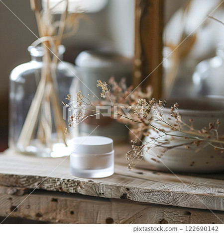 Cosmetic cream in a glass jar. Skin care concept. Background for beauty products 122690142