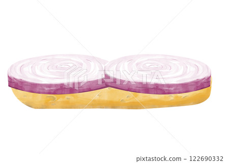 Watercolor Sandwich With Toasted Bread Slice With Two Slices Of Red Onion Textured Painting Illustration For Print, Web And Textile, Menu Watercolor Sandwich With Toasted Bread Slice With Two Slices Of Red Onion Textured Painting Illustration For Print, Web And Textile, Menu 122690332