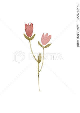 Simple abstract hand drawn red flower. Spring botanical flat watercolor illustration in pinks reds greens 122690350