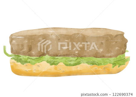Watercolor Sandwich with Toasted Bread Piece, Lettuce Leaf, Fried Patty, Textured Painting Illustration for Print, Web and Textile, Menu Watercolor Sandwich with Toasted Bread Piece, Lettuce Leaf, Fried Patty, Textured Painting Illustration for Print, Web and Textile, Menu 122690374