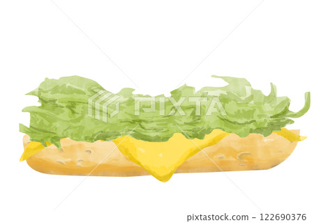 Watercolor Sandwich with Toasted Bread Piece, with Cheddar Cheese Slice, Lettuce Leaf, Textured Painting Illustration for Print, Web and Textile, Menu Watercolor Sandwich with Toasted Bread Piece, with Cheddar Cheese Slice, Lettuce Leaf, Textured Painting Illustration for Print, Web and Textile, Menu 122690376