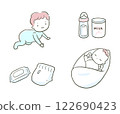 Illustration of a baby and baby goods 122690423
