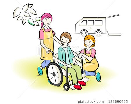 Caregiver staff and welfare vehicle assisting an elderly woman in a wheelchair | Care. Nursing series 122690435