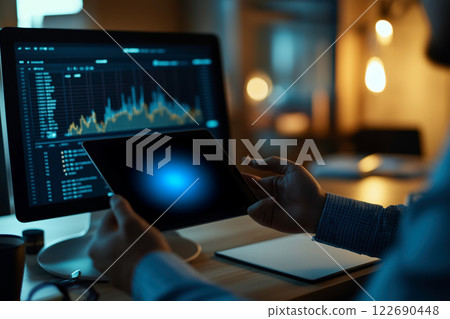 Business people and digital devices conducting data analysis Business people and digital devices conducting data analysis 122690448