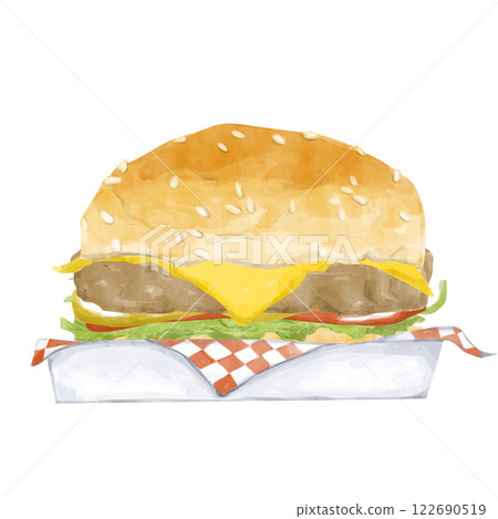 Watercolor Cheeseburger in Container Illustration, Clipart for Menu Design, Print, Web and Textiles	 122690519
