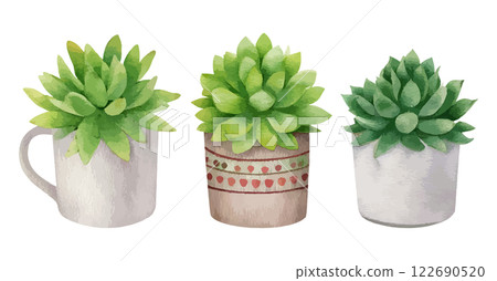 一組 AI 生成的小容器中的多肉植物水彩插圖 122690520