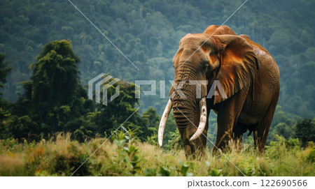 Majestic elephant standing in lush green landscape, showcasing strength and beauty 122690566