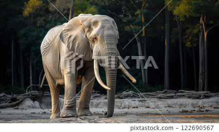 majestic albino elephant stands gracefully in serene forest setting majestic albino elephant stands gracefully in serene forest setting 122690567
