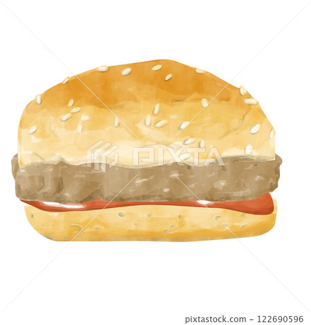 Watercolor Burger with Sesame Bun, Patty and Strawberry Jam, Hand Drawn Color Illustration for Print, Web and Textile Watercolor Burger with Sesame Bun, Patty and Strawberry Jam, Hand Drawn Color Illustration for Print, Web and Textile 122690596