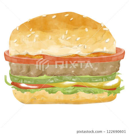 Watercolor Burger with Bun, Lettuce Leaves, Ketchup, Mustard, Pickles, Patty, Tomato Slices, Hand Drawn Color Illustration for Print, Web and Textile Watercolor Burger with Bun, Lettuce Leaves, Ketchup, Mustard, Pickles, Patty, Tomato Slices, Hand Drawn Color Illustration for Print, Web and Textile 122690601