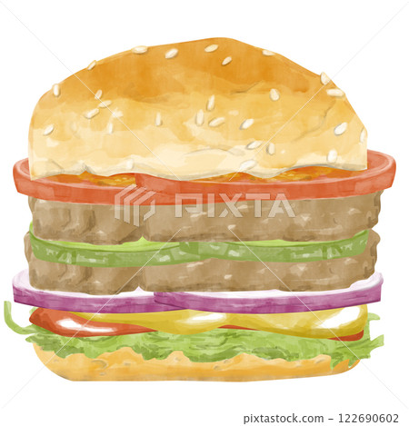 Watercolor Double Burger with Bun, Two Patties, Ketchup, Mustard, Onion Rings, Tomato and Pickle Slices, Hand Drawn Color Illustration for Print, Web and Textile 122690602