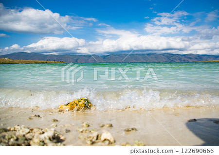 Sandy beach. Seaside vacation, golden beaches. Blue waters of the sea. Lake, ocean, sea 122690666