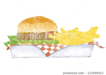 Watercolor Illustration with Lunch in a Box: Burger with Beef Patty, Lettuce, Mustard, Ketchup and French Fries, for Use in Menu, Printing, Textile and Web 122690823