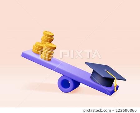 3D graduation cap and golden coins on scales. 3D graduation cap and golden coins on scales. 122690866