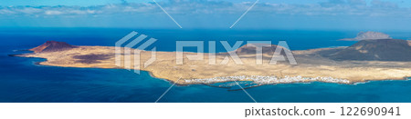 Panoramic View of Volcanic La Graciosa Island and Ocean 122690941