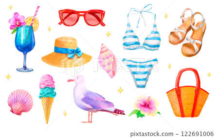 Set of watercolor women's summer sea items 122691006