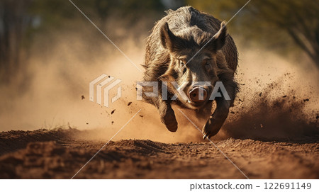 Charging Wild Boar in Dusty Glow 122691149