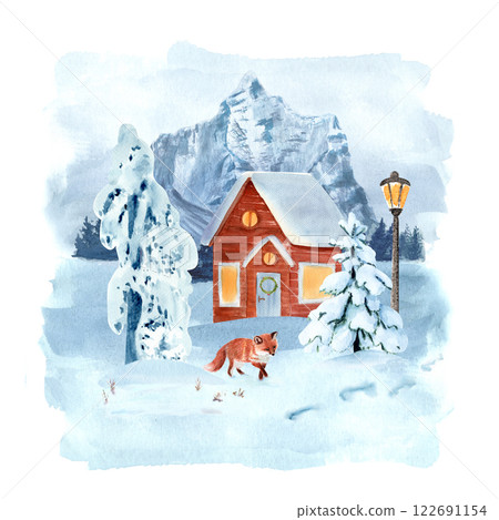 Fox in a winter landscape with a log house, light, mountain watercolor illustration. High quality hand drawn clip art perfect for cards, posters, books, home decor, calendars. Winter fairytale Fox in a winter landscape with a log house, light, mountain watercolor illustration. High quality hand drawn clip art perfect for cards, posters, books, home decor, calendars. Winter fairytale 122691154