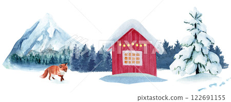 Fox in a winter landscape with a log house, lights, mountain watercolor border. High quality hand drawn clip art perfect for cards, textile, books, home decor, for children products, calendars Fox in a winter landscape with a log house, lights, mountain watercolor border. High quality hand drawn clip art perfect for cards, textile, books, home decor, for children products, calendars 122691155