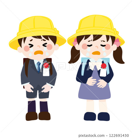 入學典禮上背著書包的孩子們（一年級學生）的向量圖 122691430