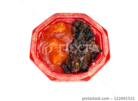 Two-tone rice bowl of shrimp with chili sauce and mapo eggplant [white background, cutout] 122691522