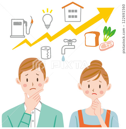 Couple worried about household finances, living expenses, prices, inflation Couple worried about household finances, living expenses, prices, inflation 122691560