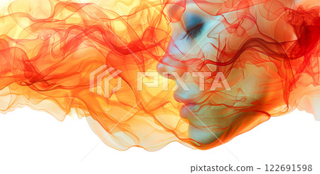 A womans face is partly obscured by flowing, translucent orange and yellow fabric, lit by studio lights 122691598