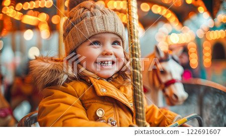 A young girl in a winter coat smiles as she rides a carousel horse at a festive event 122691607