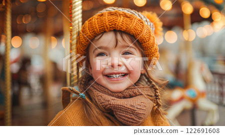 A young girl wearing a knitted hat smiles brightly while riding a carousel A young girl wearing a knitted hat smiles brightly while riding a carousel 122691608