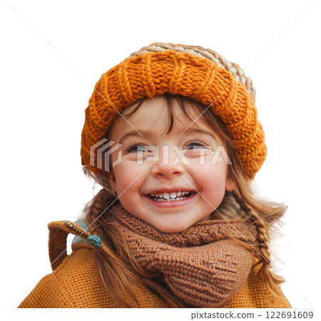 A young girl wearing a knitted hat smiles brightly while riding a carousel A young girl wearing a knitted hat smiles brightly while riding a carousel 122691609