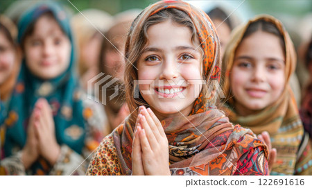 A young girl in a patterned headscarf smiles while praying in a public gathering A young girl in a patterned headscarf smiles while praying in a public gathering 122691616
