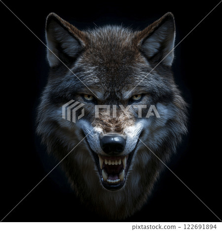 黑色背景上一張威脅性的狼臉(人工智慧產生的圖像) 黑色背景上一張威脅性的狼臉(人工智慧產生的圖像) 122691894