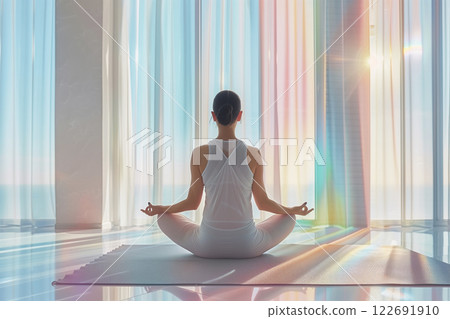 Yoga pose woman indoor light "AI generated image" Yoga pose woman indoor light "AI generated image" 122691910