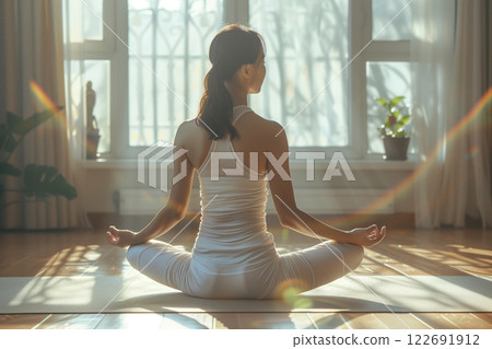Yoga pose woman indoor light "AI generated image" 122691912