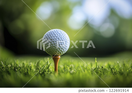 Golf ball teed up on grass (AI-generated image) Golf ball teed up on grass (AI-generated image) 122691914
