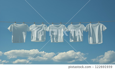 A perfect day for doing laundry: a white T-shirt fluttering in the wind under a blue sky (AI-generated image) A perfect day for doing laundry: a white T-shirt fluttering in the wind under a blue sky (AI-generated image) 122691939
