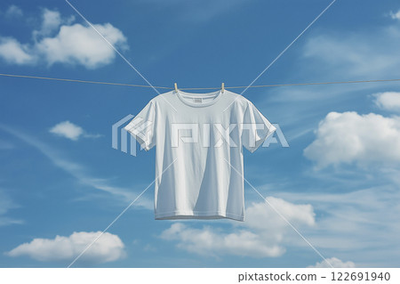 A perfect day for doing laundry: a white T-shirt fluttering in the wind under a blue sky (AI-generated image) A perfect day for doing laundry: a white T-shirt fluttering in the wind under a blue sky (AI-generated image) 122691940