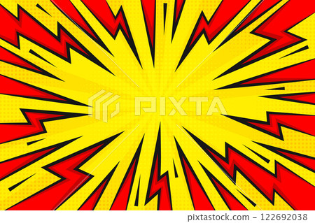 Lightning power cartoon vector background. Thunder bold abstract burst with halftone effect. Comic book design template for poster. Explosion boom bright illustration 122692038