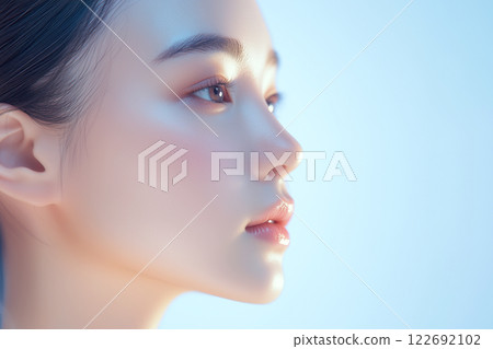 Profile of a young beautiful Asian female model. Beauty portrait focusing on healthy beauty. Fresh background. Profile of a young beautiful Asian female model. Beauty portrait focusing on healthy beauty. Fresh background. 122692102