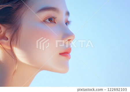 Profile of a cute Asian female model. Beauty portrait with focus on youth and beautiful skin. Refreshing background. Profile of a cute Asian female model. Beauty portrait with focus on youth and beautiful skin. Refreshing background. 122692103