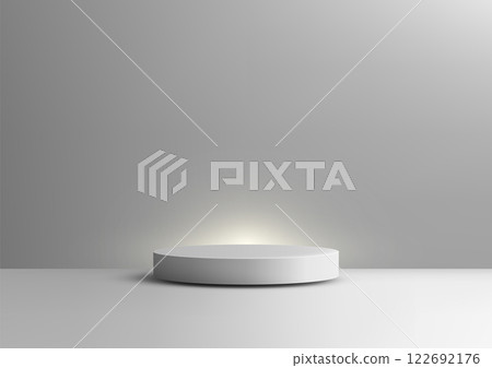 Modern white cylindrical podium on light grey background, 3d minimal product display mockup for showcase or showroom Modern white cylindrical podium on light grey background, 3d minimal product display mockup for showcase or showroom 122692176